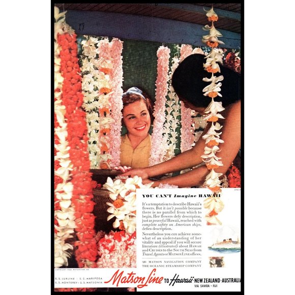 1940 Matson Line Cruise Ships Ocean Liners Vintage Print Ad Flowers Lei Hawaii - Picture 1 of 2